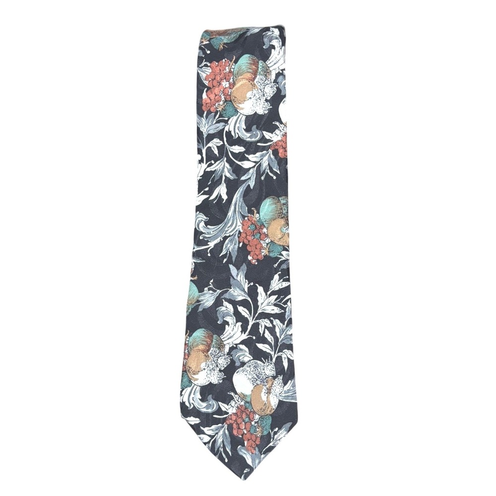 Mario Valentino Vintage Silk Tie Botanical Fruit Floral Print Navy Made in‎ USA